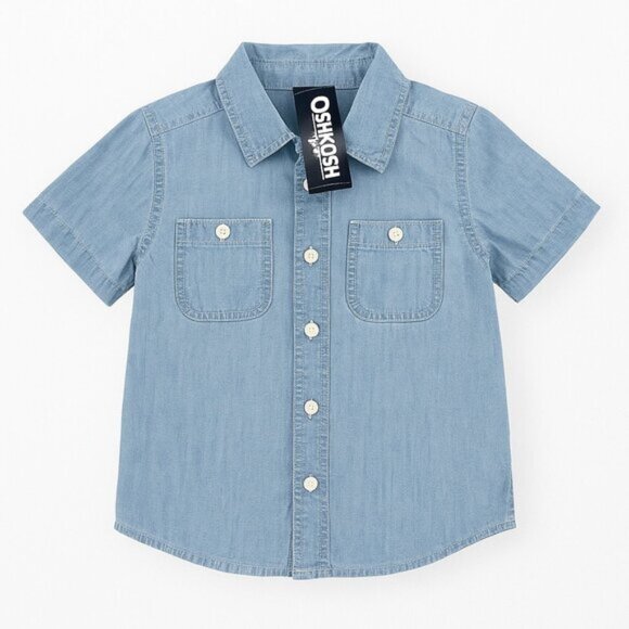 OshKosh B’gosh Boys 5T Light Blue Chambray Button Down Shirt | Short Sleeve Top - Picture 1 of 10